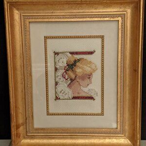 Red Christmas Angel with Holly Bow Cross Stitch Art